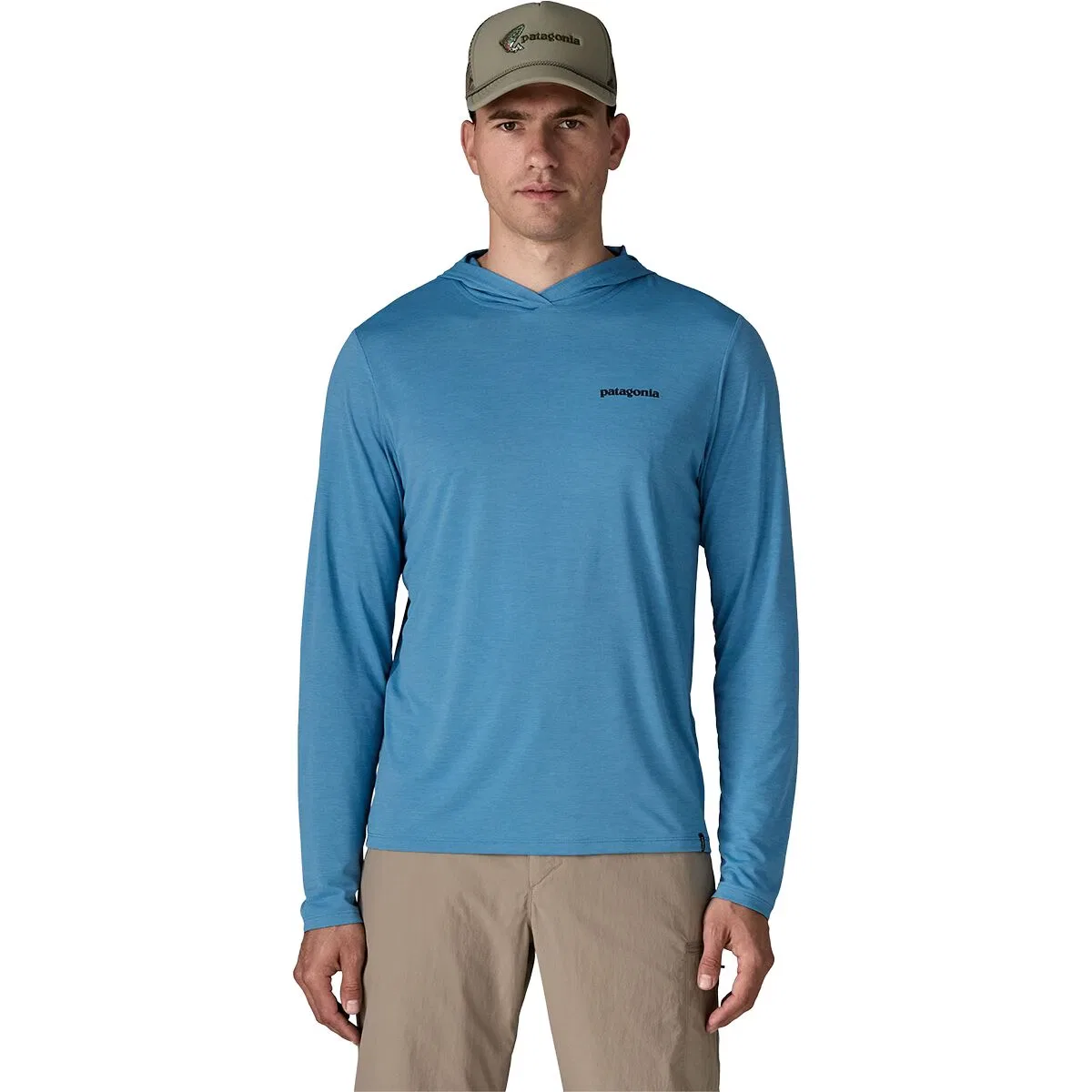 Мужская худи с принтом Capilene Cool Casting Logo Daily Hoodie Patagonia, Shore Blue/Light Shore Blue X-Dye