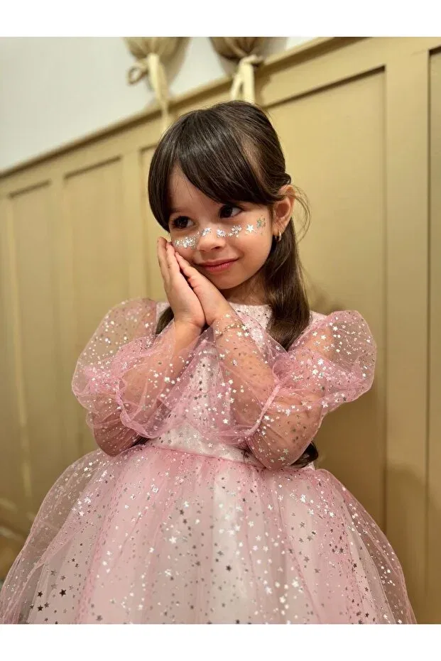 Детское платье для девочек с принтом Star Printed Sparkly Pink Tulle Dress Buckle Set Generic Brands, Pink