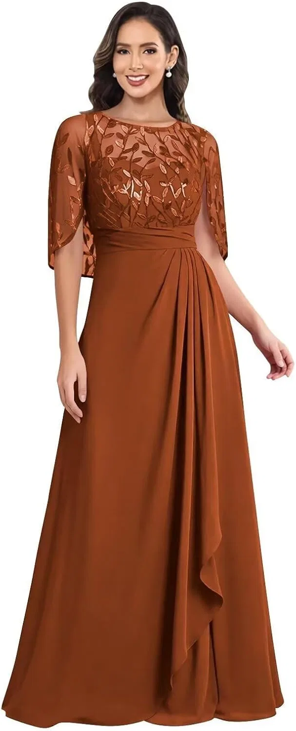 Женское вечернее платье с пайетками и кружевными рукавами A-силуэта, Burnt Orange