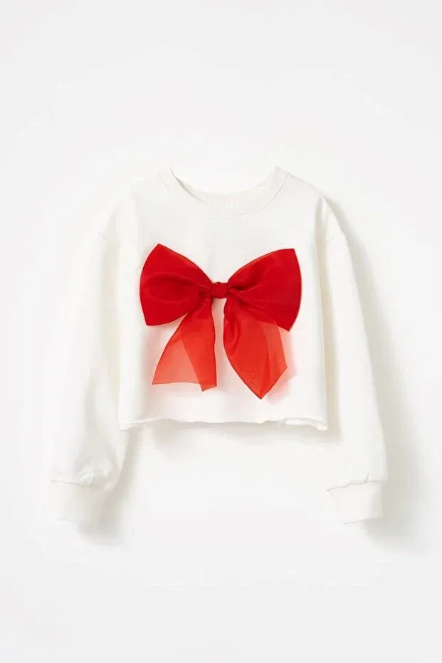 Детские свитшот для девочек хлопковый Anastasia organza bow crop sweatshirt Banamio, Ecru-Red