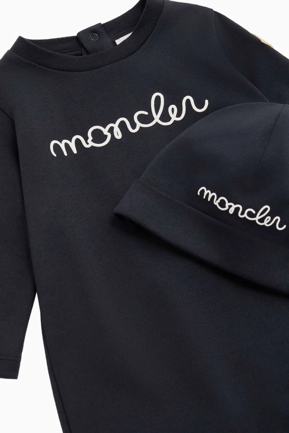 Комплект детский из хлопка с нагрудником и шапочкой Moncler Enfant, синий — фото 3
