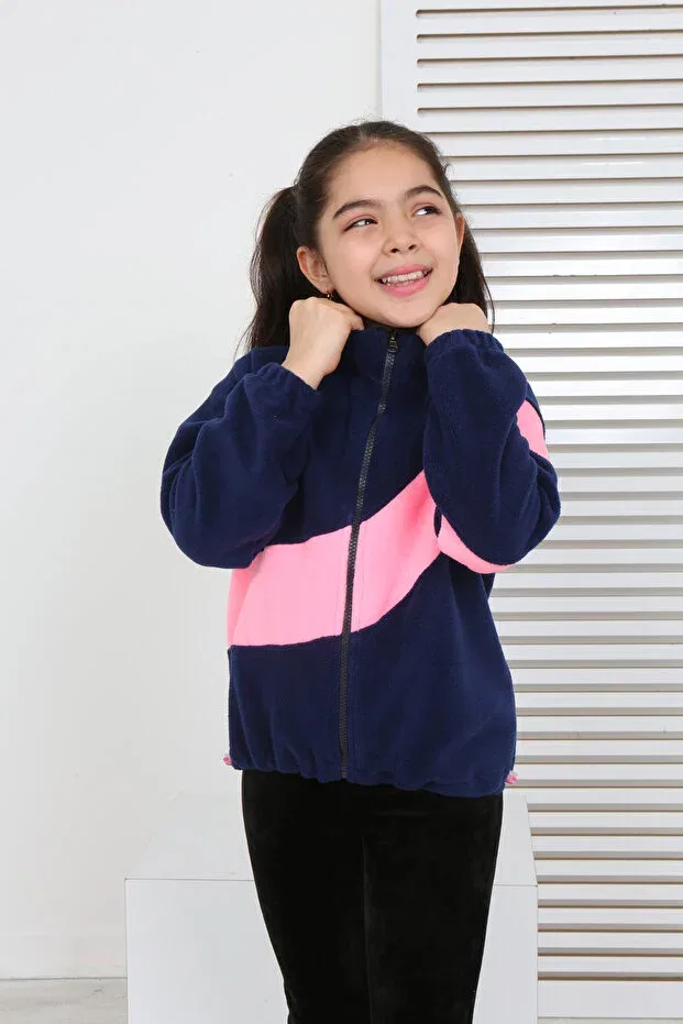 Детский кардиган с воротником-стойкой, цветной блок, модель Girl'S Stand Collar Zippered Color Block Raglan Sleeve Fleece Cardigan - Adjustable Elastic Waist, Toontoy, Navy Blue — фото 2
