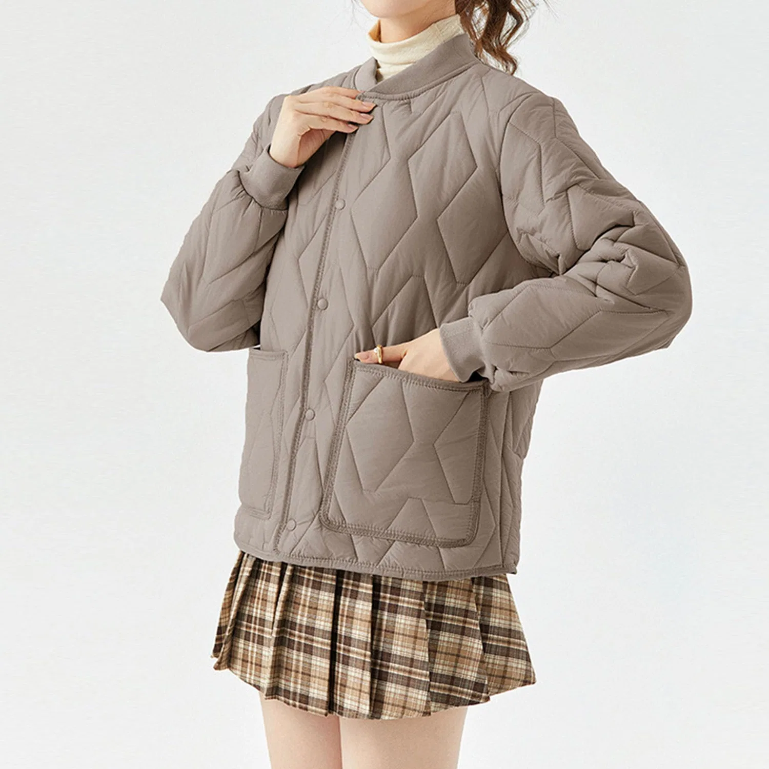 Женская куртка стеганая с утеплителем с карманами, Khak Heavy — фото 4