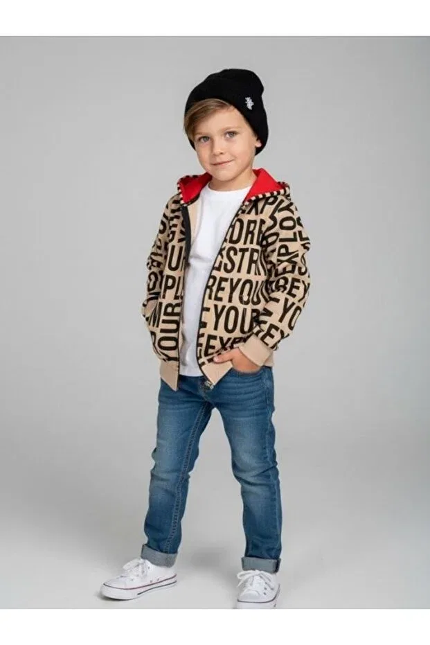 Детский кардиган с принтом для мальчиков Letter Printed Zekids, Beige — фото 3