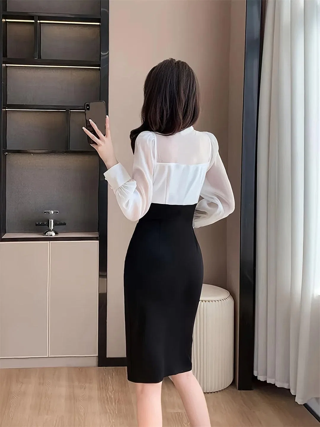 Женское облегающее платье с бантом V-образным вырезом, Beige — фото 3