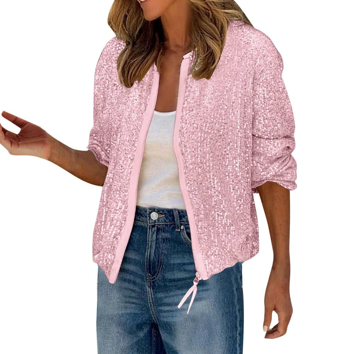 Женская куртка-бомбер с пайетками Sparkly Zipper, pink