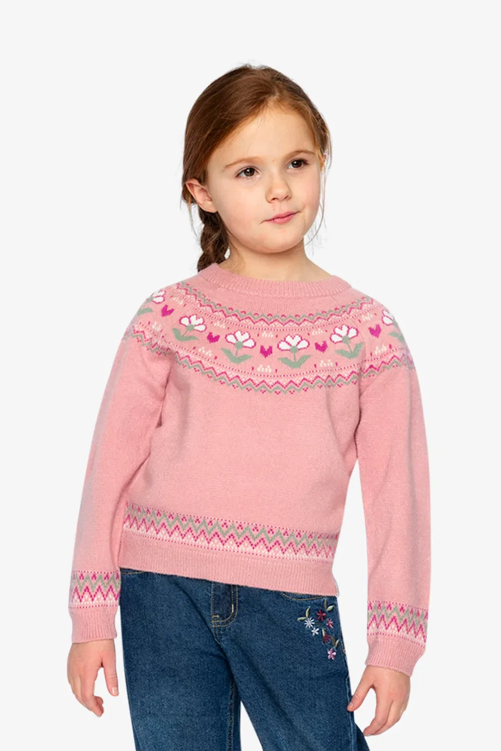 Детский свитер с длинным рукавом и цветочным жаккардом Flower Jacquard Deux par Deux, Pale Dusty Pink — фото 2