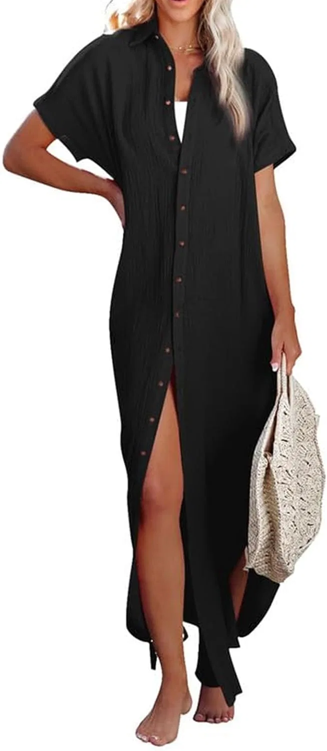 Женское пляжное платье свободного кроя с боковым разрезом Swimsuit Coverup, Black