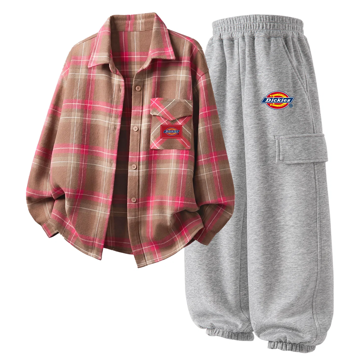 Детский комплект из футболки и лонгслива с принтом S Logo K Fuchsia Grid и S Logo Thick K Light Heather Gray, Dickies