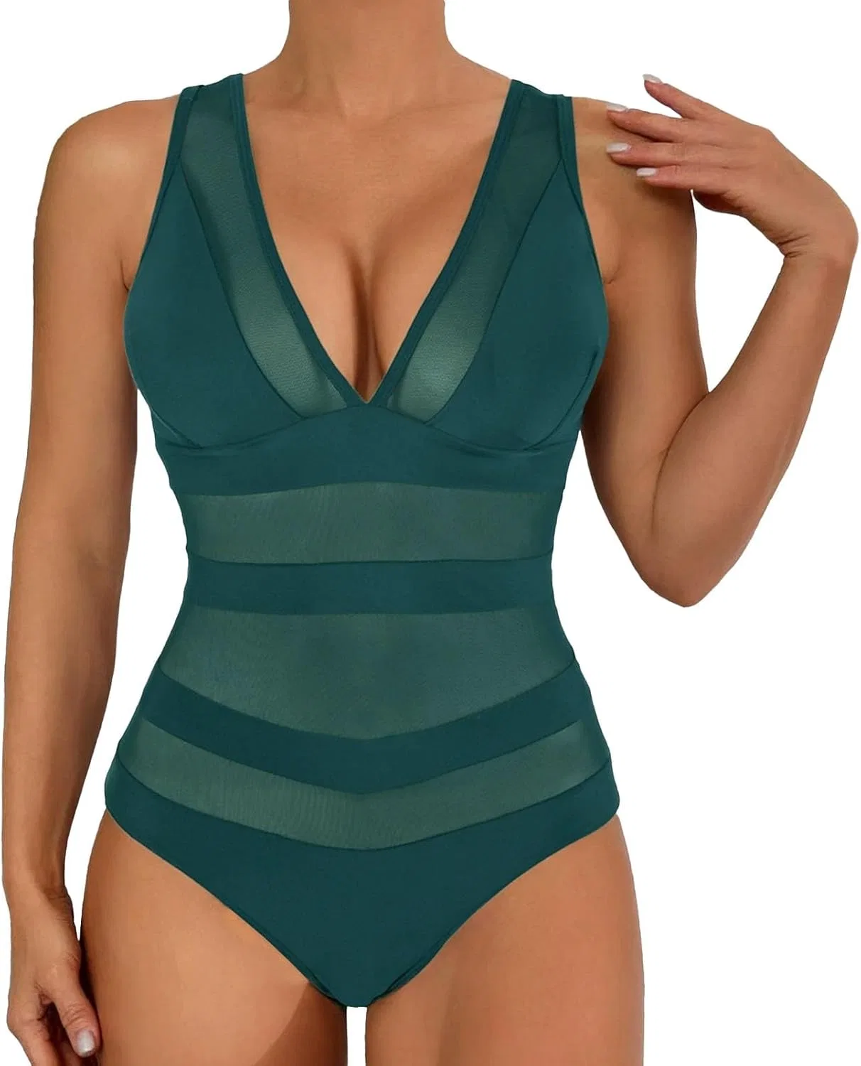 Женский слитный купальник slim fit с V-образным вырезом, Green