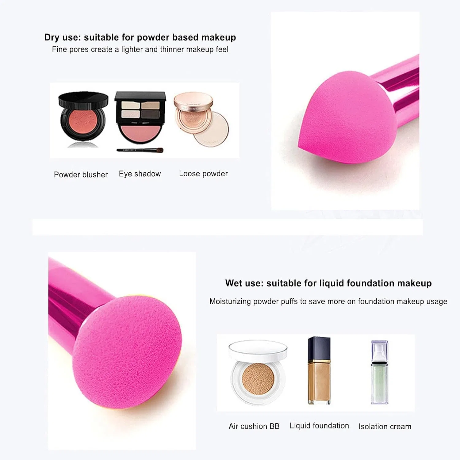 Набор спонжей для макияжа, 3 шт, с ручкой, Generisch, Hot Pink — фото 4