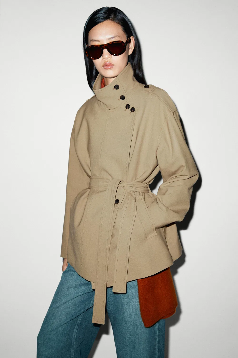 Тренч Massimo Dutti Mid-Length Belted, бежевый — фото 3
