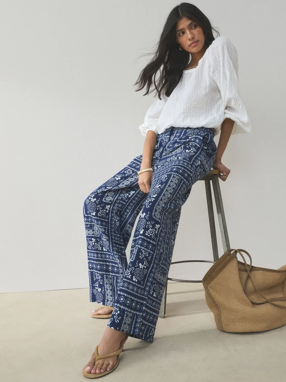 Брюки прямого кроя из льняной смеси, модель Smart Front Next, Navy Blue/Ecru Print