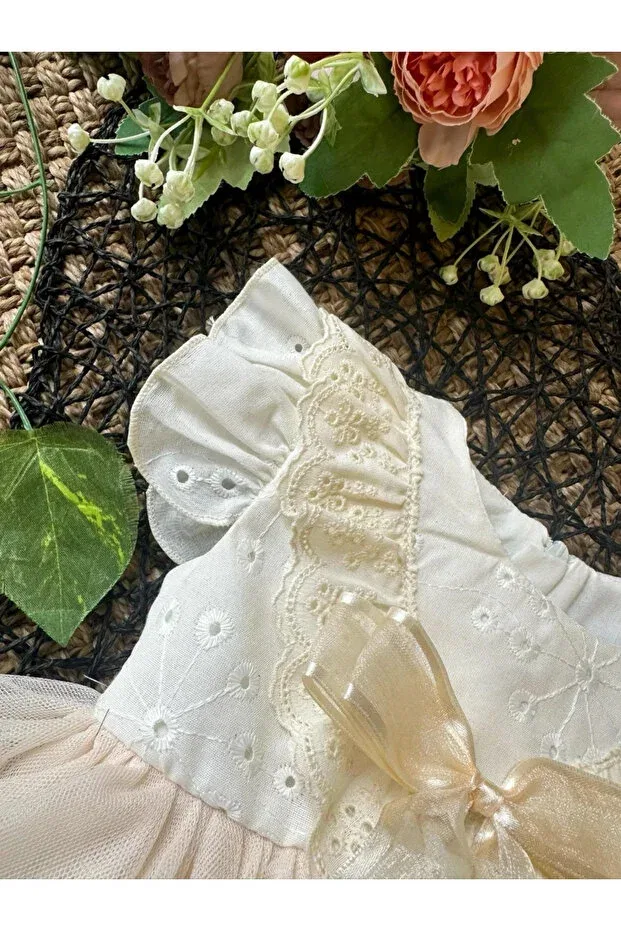 Детское платье-комбинезон для девочек из тюля Liana cream soft tutu romper short sleeve baby girl dress Aysskids, Nude Color — фото 4
