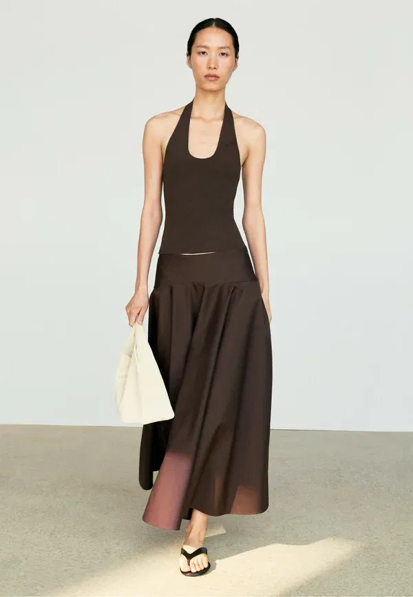 Юбка хлопковая Flounce midi skirt with yoke detail - maxi skirt Massimo Dutti, темно-коричневый — фото 2