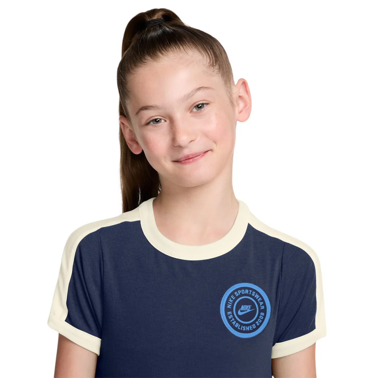 Футболка для девочек Nike NSW Short Sleeve Rip Top, цвет Beige/Navy — фото 3