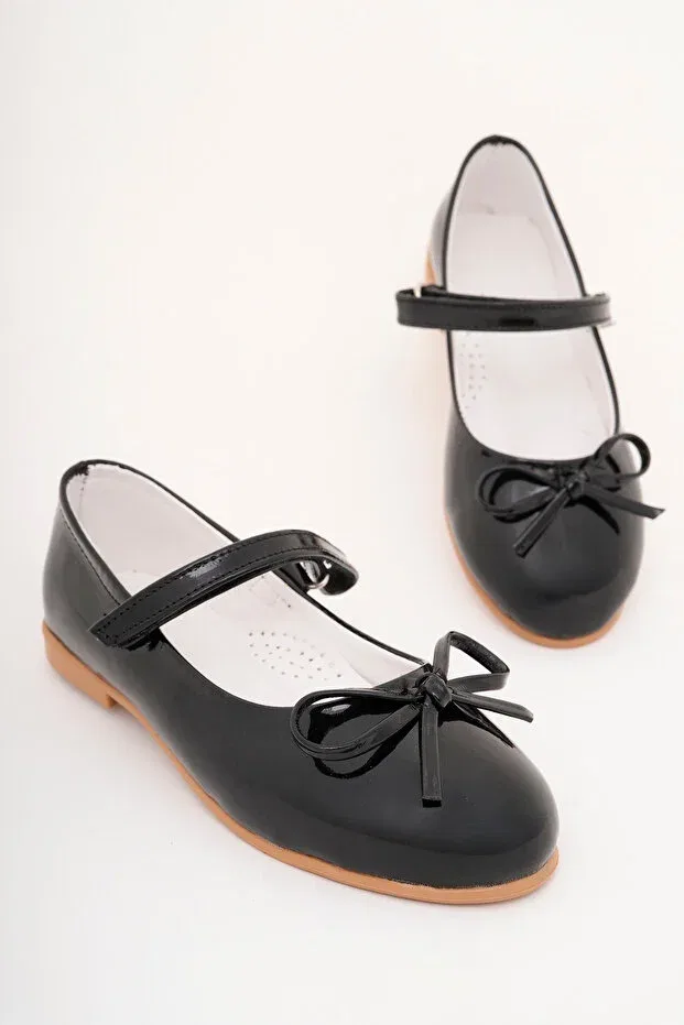 Детские балетки для девочек лакированные Black Patent Leather Children's Mustache Bow Ballerina Shoes Cappale, Black — фото 3