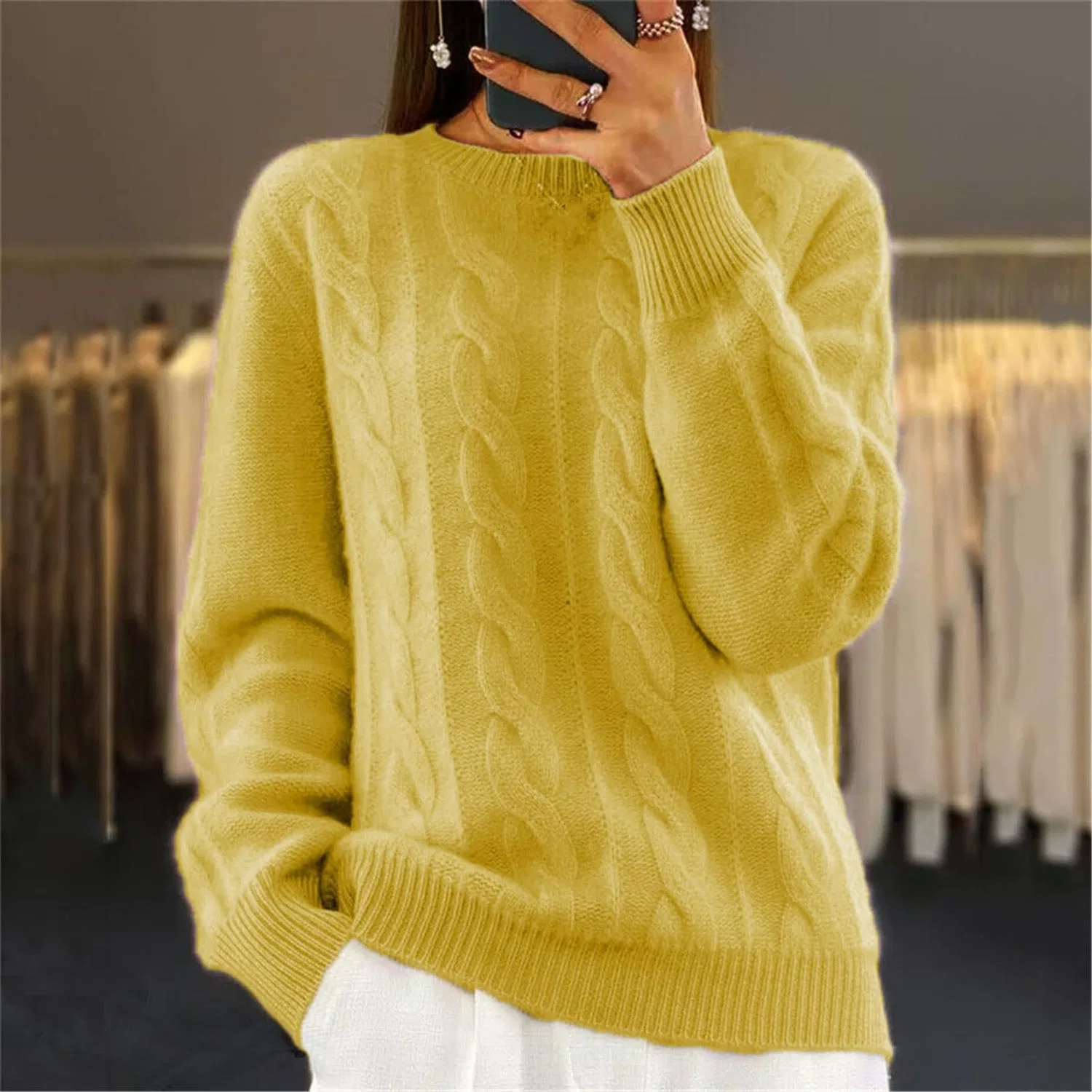 Женский свитер оверсайз с длинным рукавом, полосатый, Yellow — фото 2