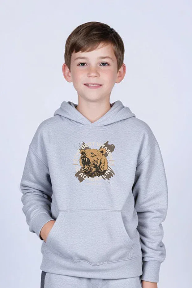 Детский спортивный костюм для мальчиков с принтом Kangaroo Pocket Hooded Bear Fyk Collection, Gray