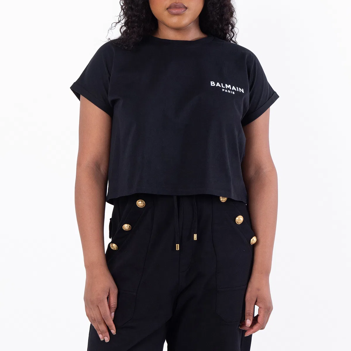 Футболка с принтом Flock Logo Print Cropped T Shirt Balmain, Eab Black/White