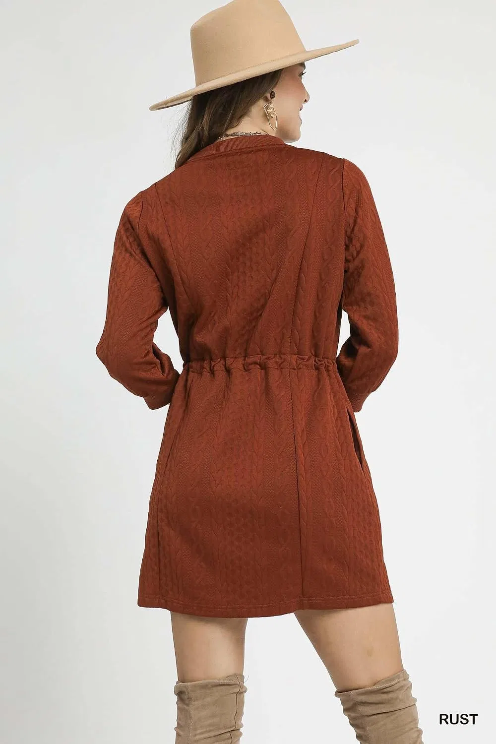 Женское мини-платье с кабельной вязкой, Drawstring Cable Knit Mini Dress, Rust — фото 3