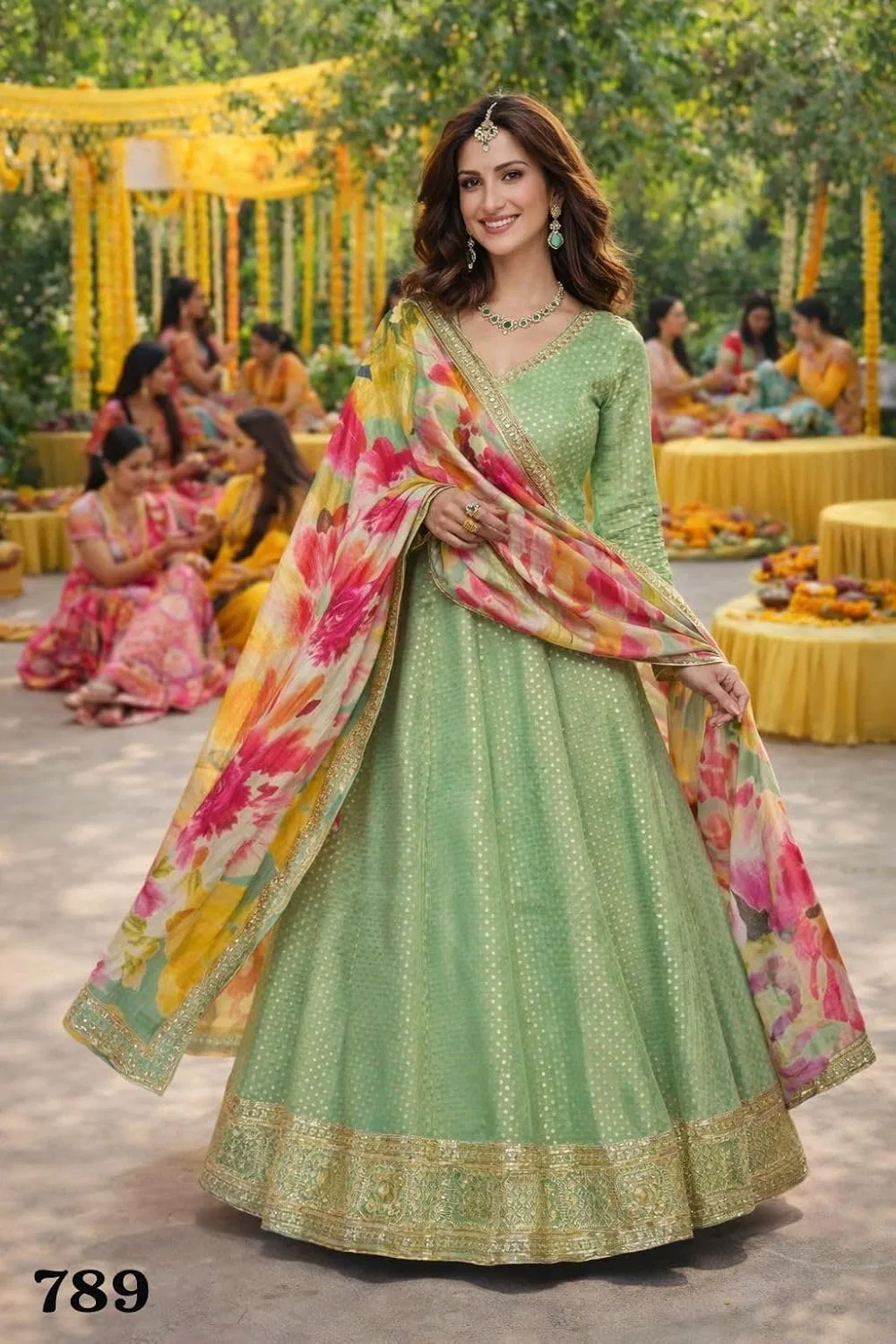 Женское платье из шелка с вышивкой, Anarkali Suit, зелёный — фото 2