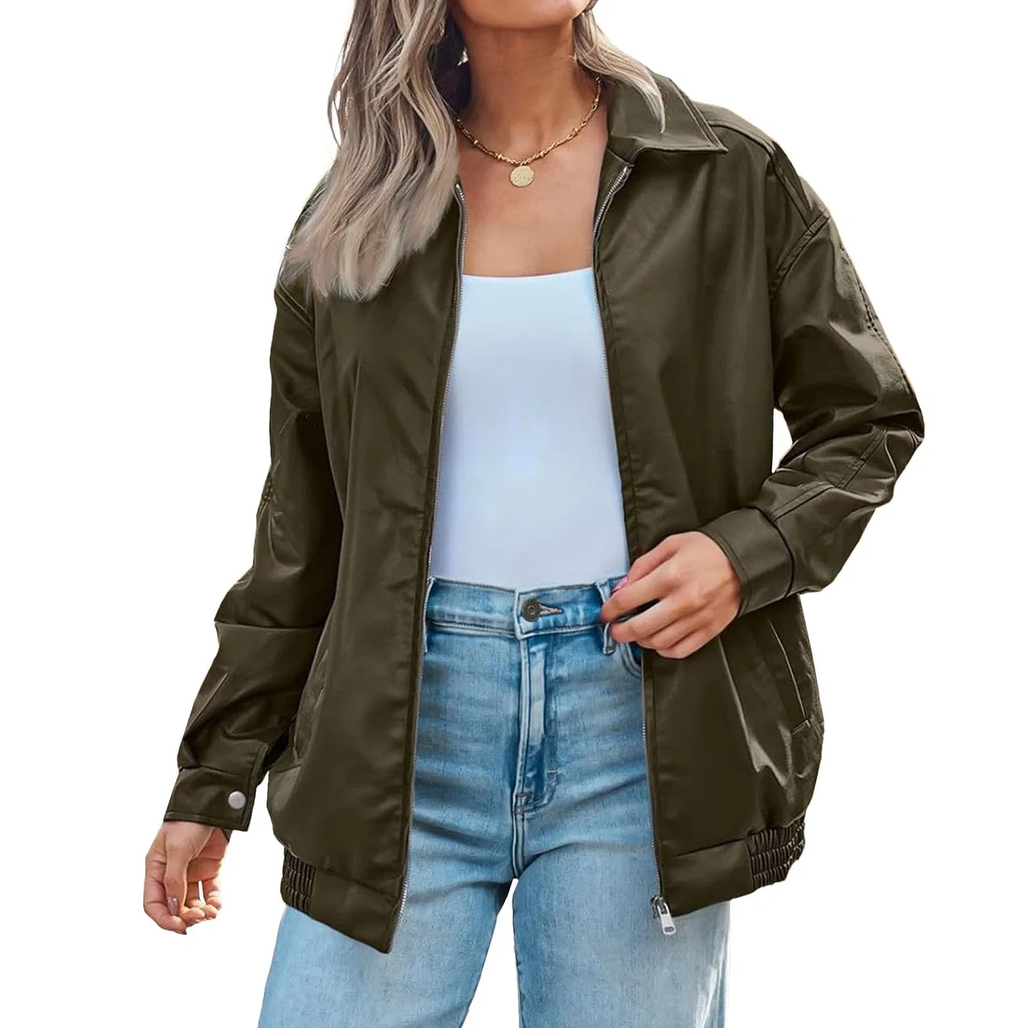 Женская куртка-косуха из искусственной замши с принтом Y2K, army green — фото 2