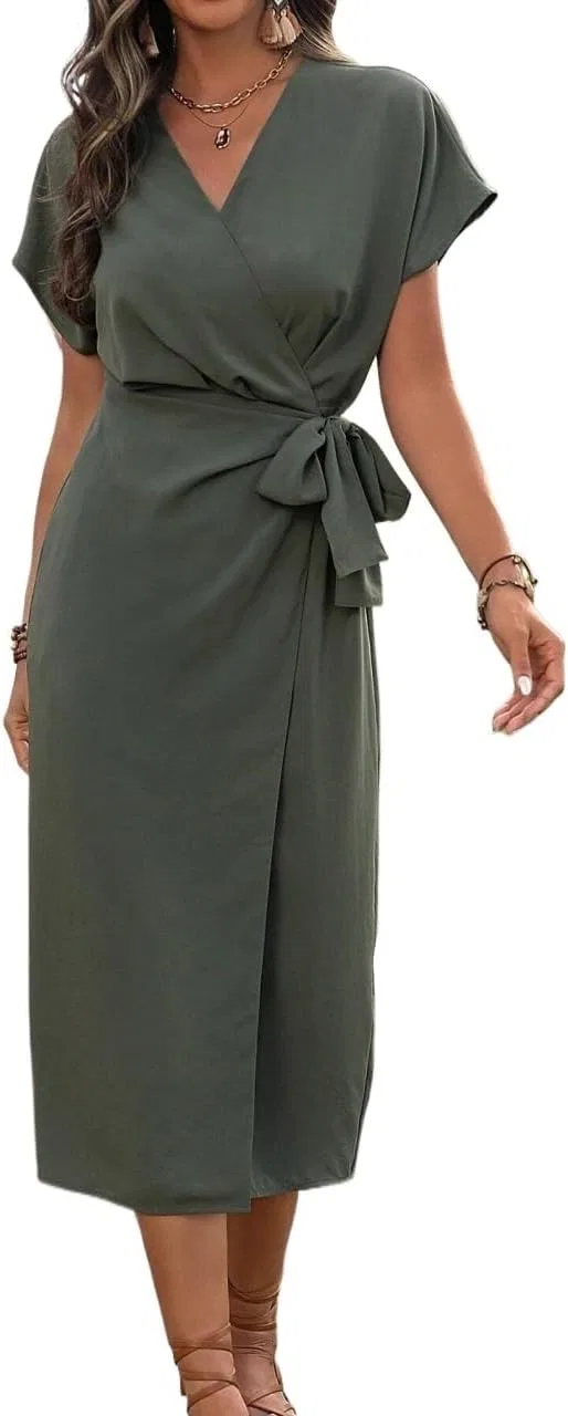 Женское платье-трапеция с принтом, Cap Sleeve V Neck Wrap, армейский зелёный — фото 4