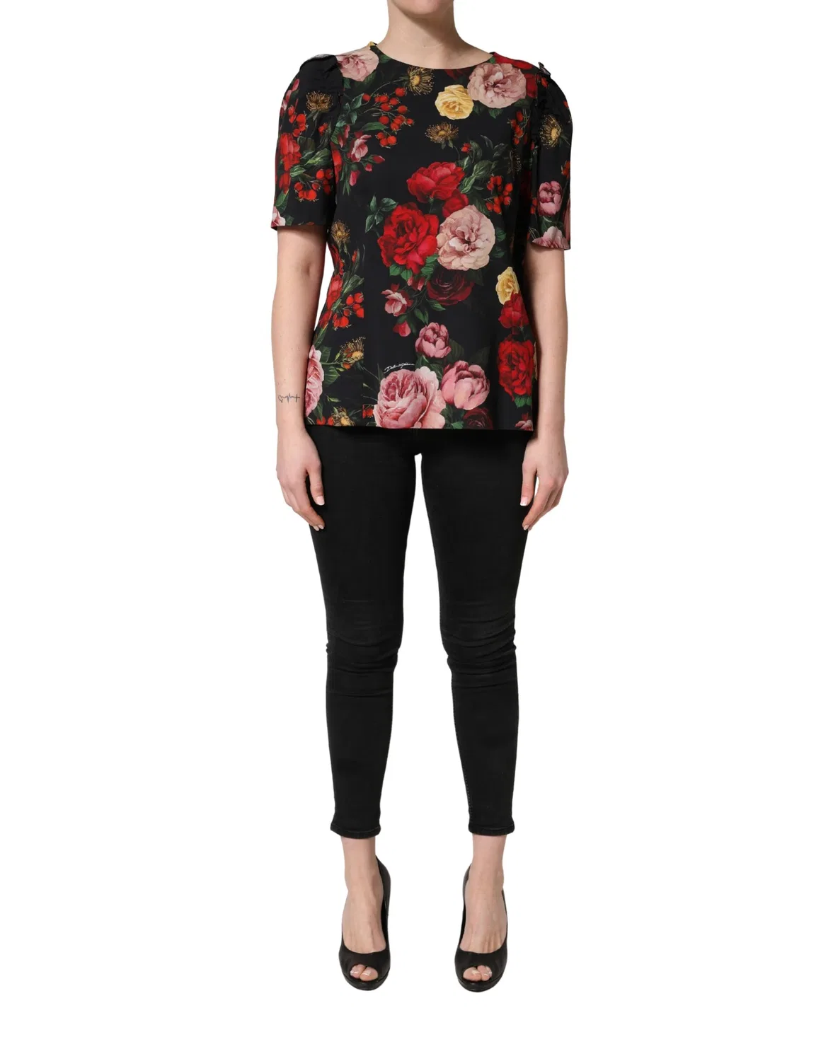 Женская блузка с коротким рукавом с цветочным принтом Black Floral Crepe Frill Detail Dolce & Gabbana, Black — фото 3