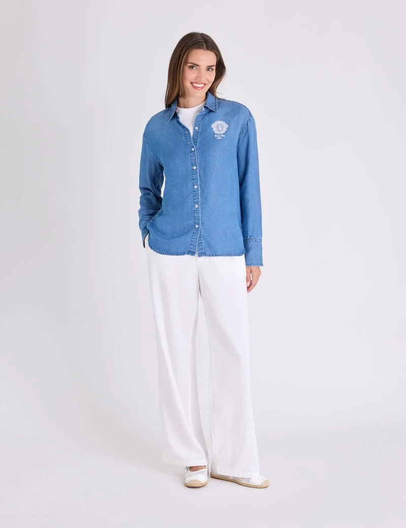 Женская рубашка U.S. Polo Assn. Long Sleeve Oversized Denim With Crest, средне-синий — фото 3