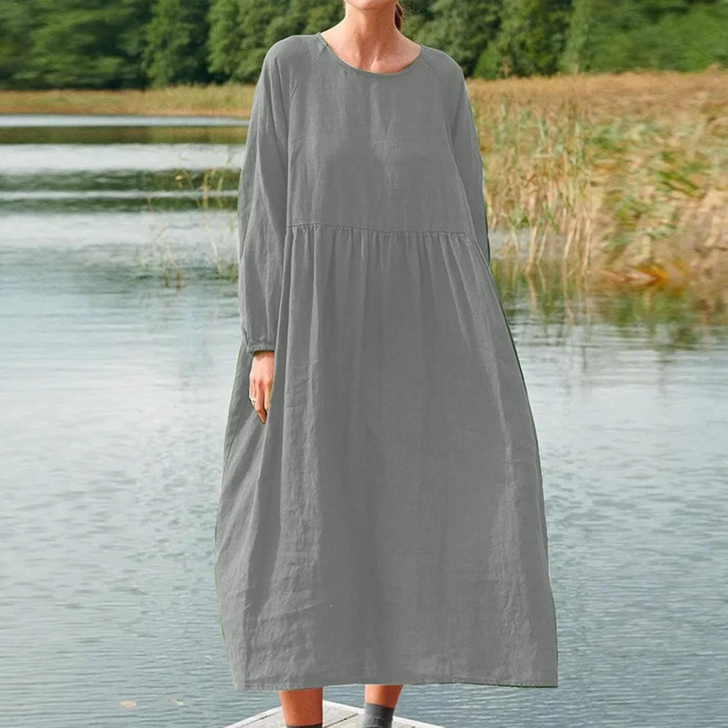 Женское плюс-сайт платье-туника свободного кроя Long Sleeve Maxi, Gray — фото 2
