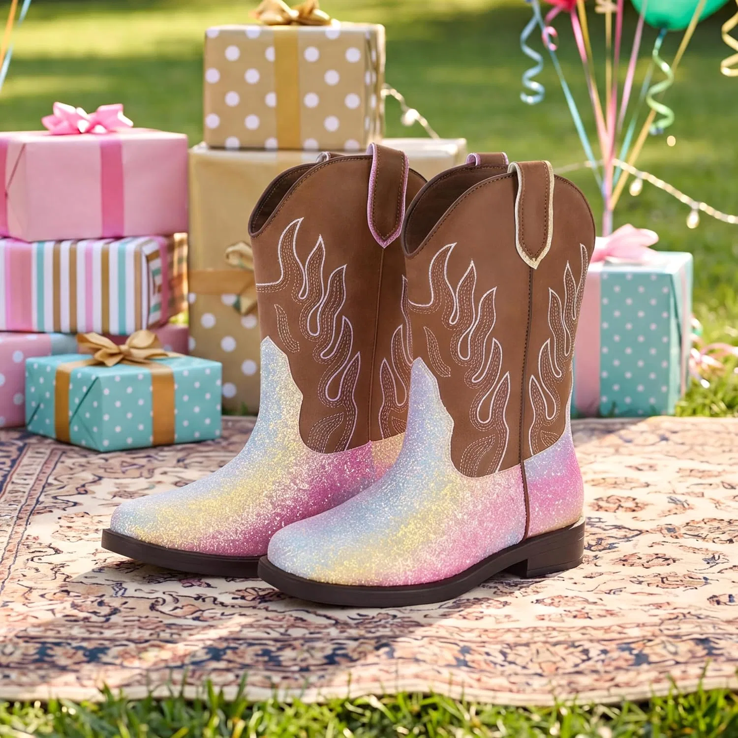Детские сапоги для девочек с принтом Cowboy Boots PATPAT, Rainbow/Brown — фото 3