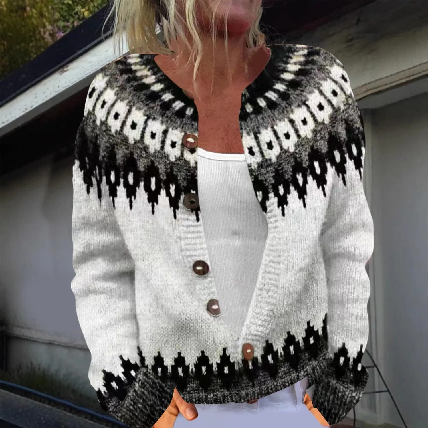 Женский кардиган с нордическим узором Fair Isle с длинным рукавом, White-g — фото 2