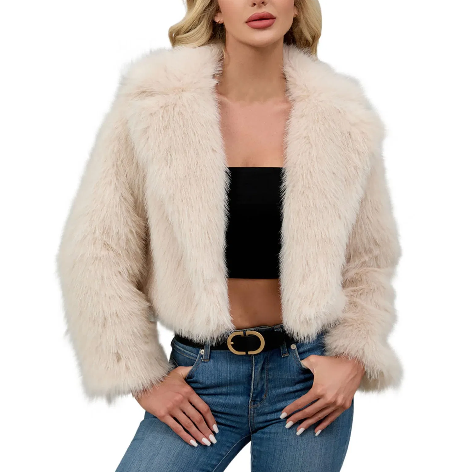 Женское пальто из искусственного меха с длинным рукавом, укороченное, C beige