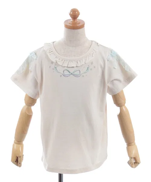 Детская футболка с вышивкой и лентой, модель Ribbon Embroidery T-Shirt, axes femme, White — фото 2