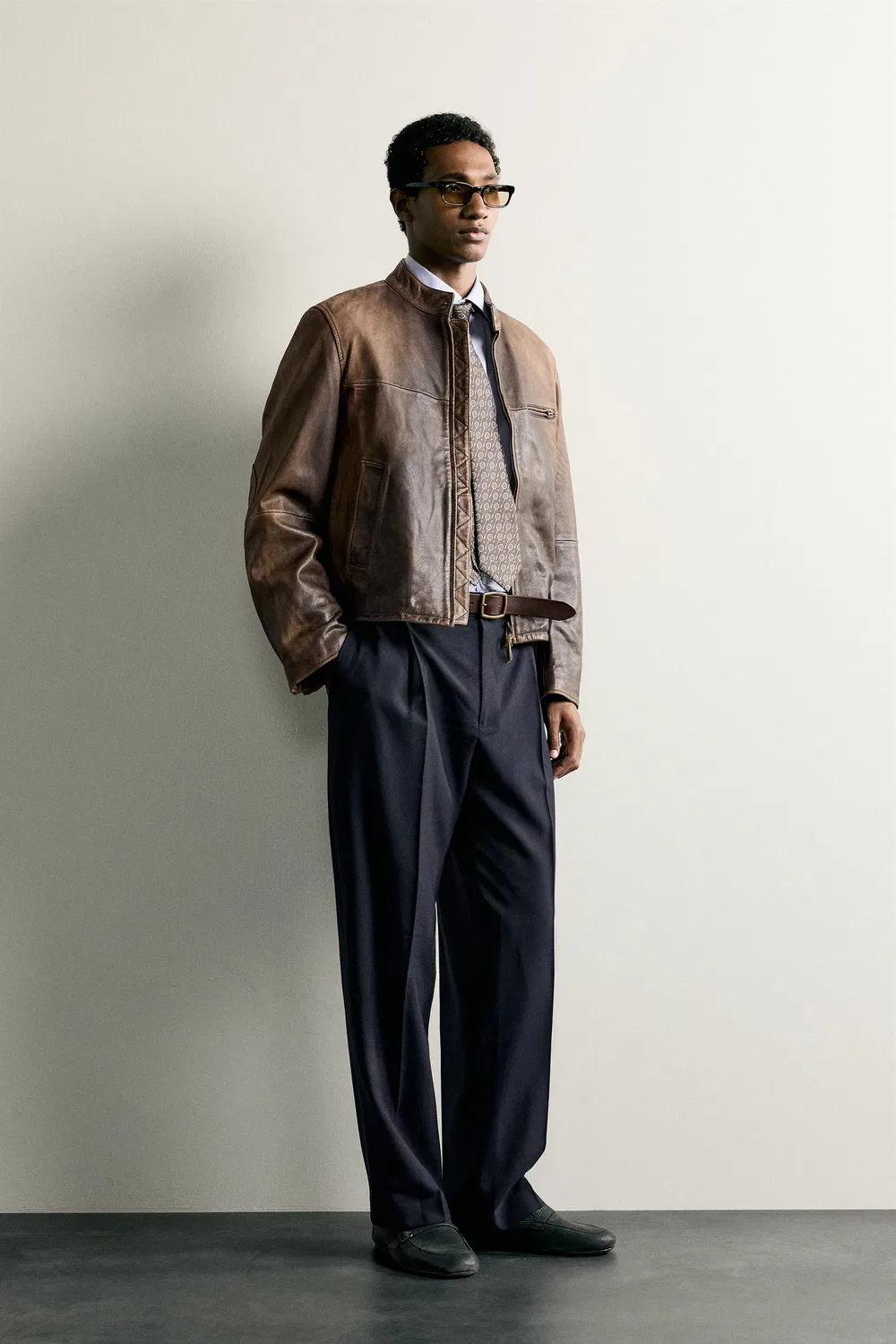 Куртка-косуха из выстиранной кожи ZARA, Brown — фото 4