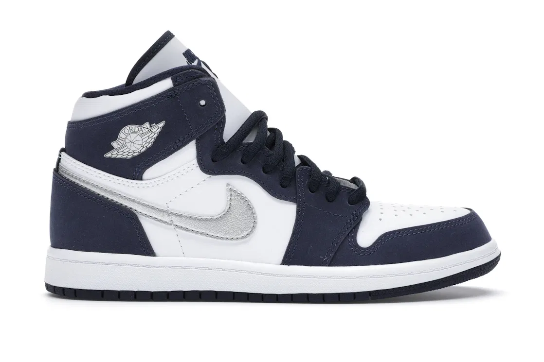 Детские кроссовки высокие с принтом Jordan 1 Retro High COJP Midnight Navy Jordan, White/Metallic Silver-Midnight Navy