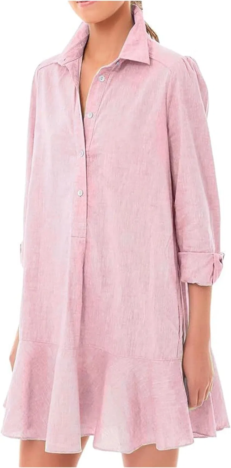 Женское платье-туника с пуговицами и рюшами Loose Tunic Flowy Ruffle Tiered Mini Dress, Pink