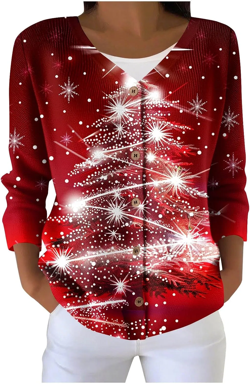 Женский кардиган с принтом Christmas Button Down, красный