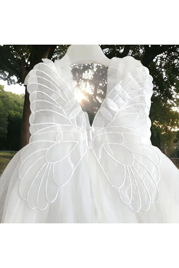 Детское платье для девочек с принтом Fairy Butterfly Girl's Tulle Strap Butterfly Detailed Ecru Special Day Birthday Fairy White Dress Şirin Şeyler Butiği, Fairy-White — фото 3