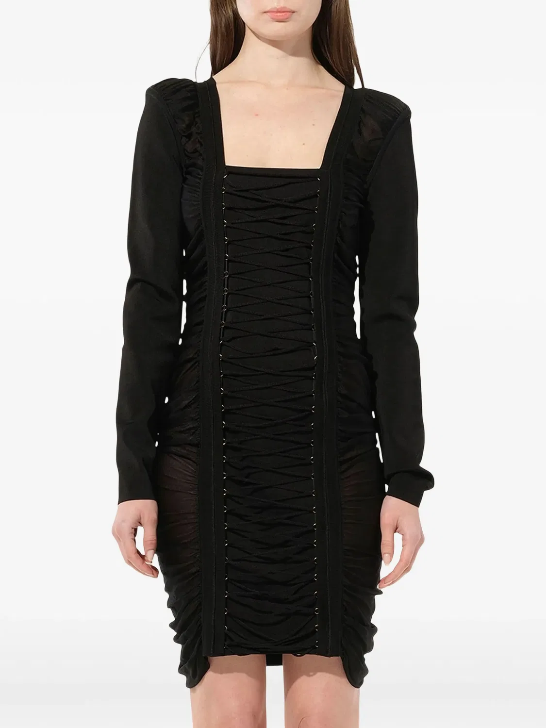 Платье мини со сборками и шнуровкой Balmain, черный