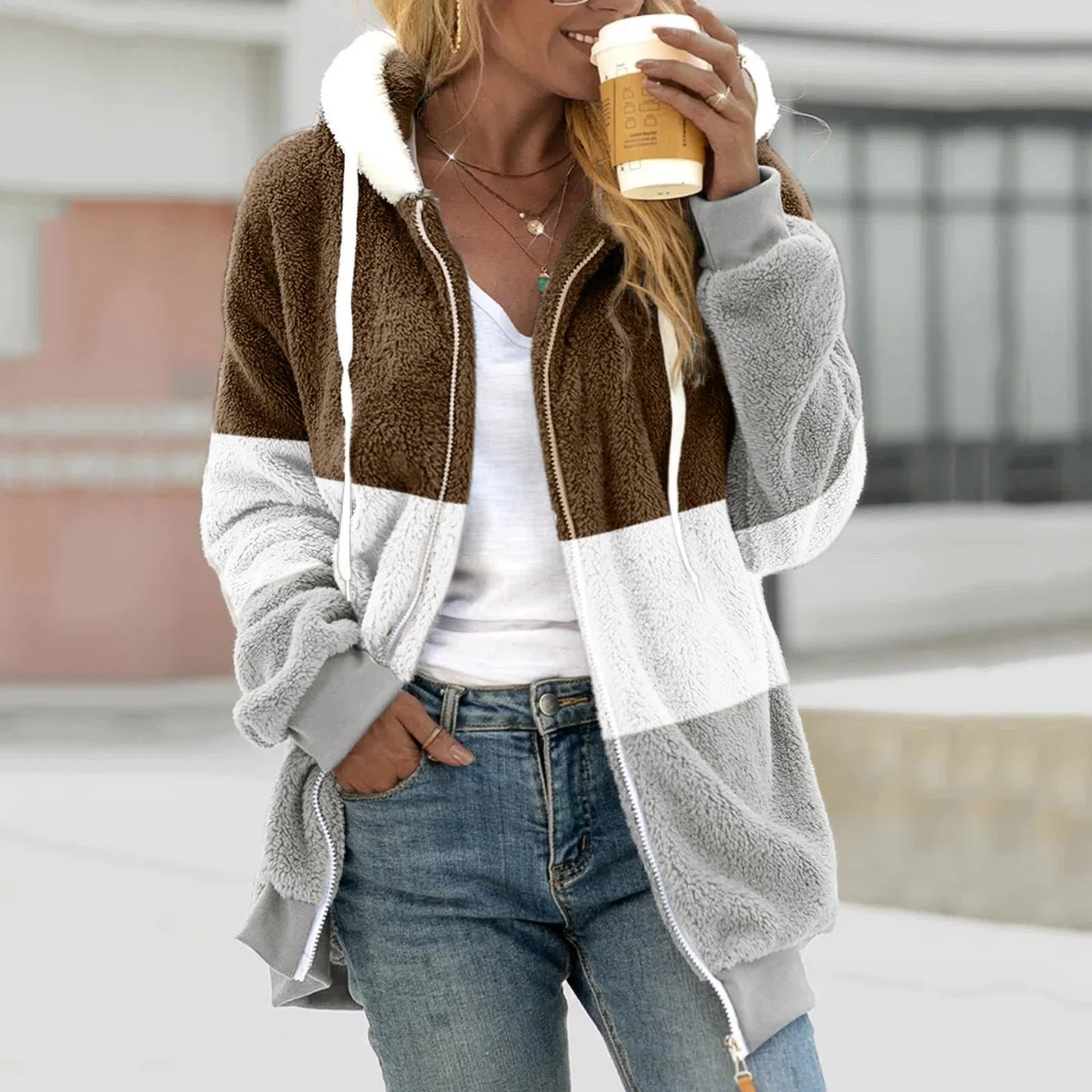 Женское флисовое пальто с капюшоном и карманами Color Block Teddy Fleece, Cachi — фото 3
