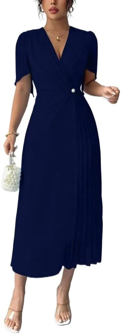 Женское элегантное платье миди с рукавом-фонарик A-line, Navy Blue