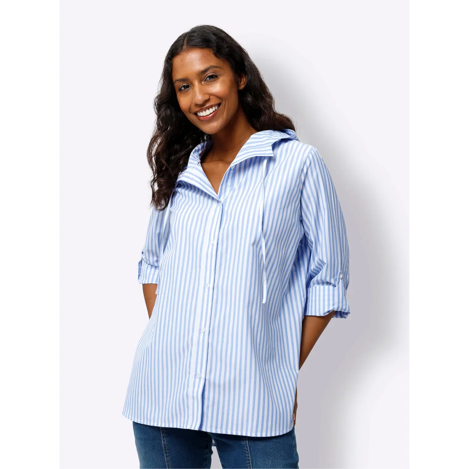 Женская блуза оверсайз с капюшоном и полосками heine, Sky Blue/Ecru Striped — фото 2