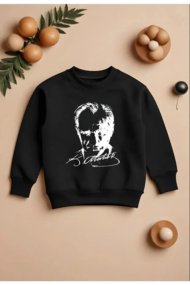 Детские свитшот для девочек с принтом Cotton Ataturk Printed Black Children's Sweatshirt Pelna, Черный
