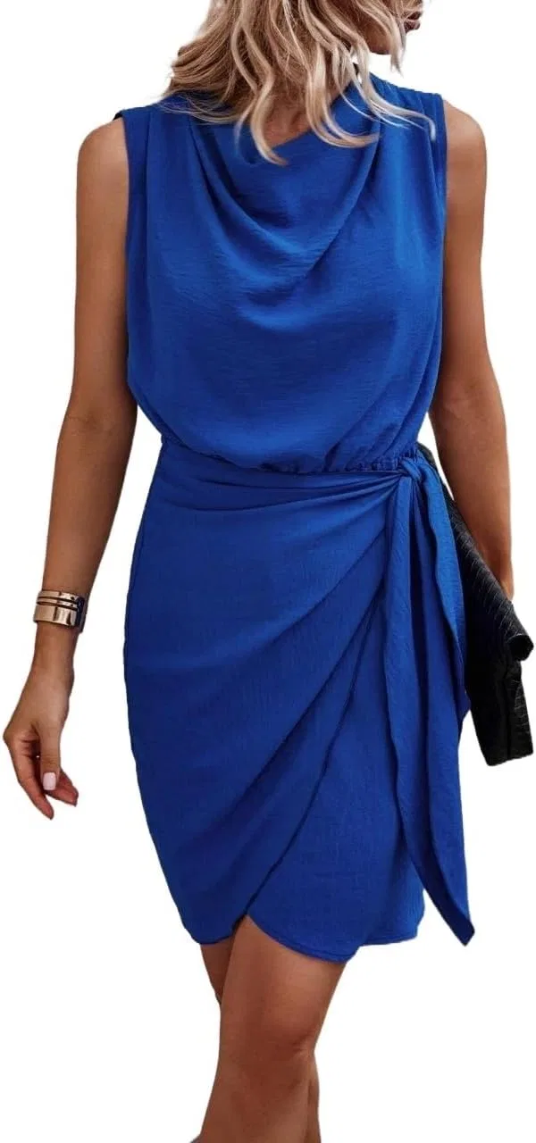 Женское короткое коктейльное платье с запахом High Waist Cowl Neck, Blue
