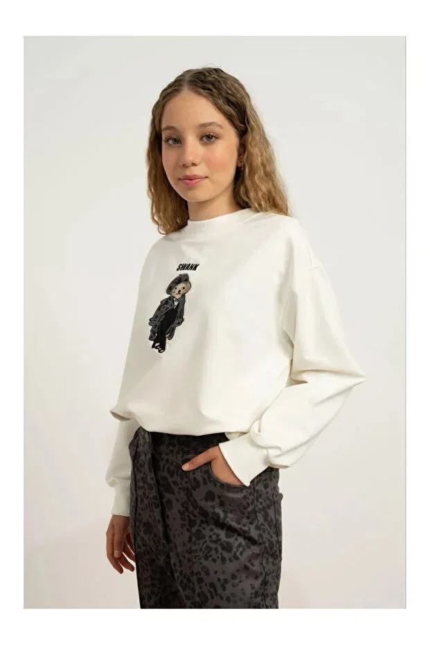 Детские свитшот для девочек с принтом 2-Ply Awank Embroidered Sweat My Lorin Kids Store, Nude Color — фото 2