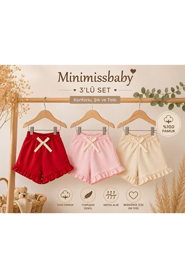 Детские шорты для девочек хлопковые набор 3 шт Minimissbaby, Red