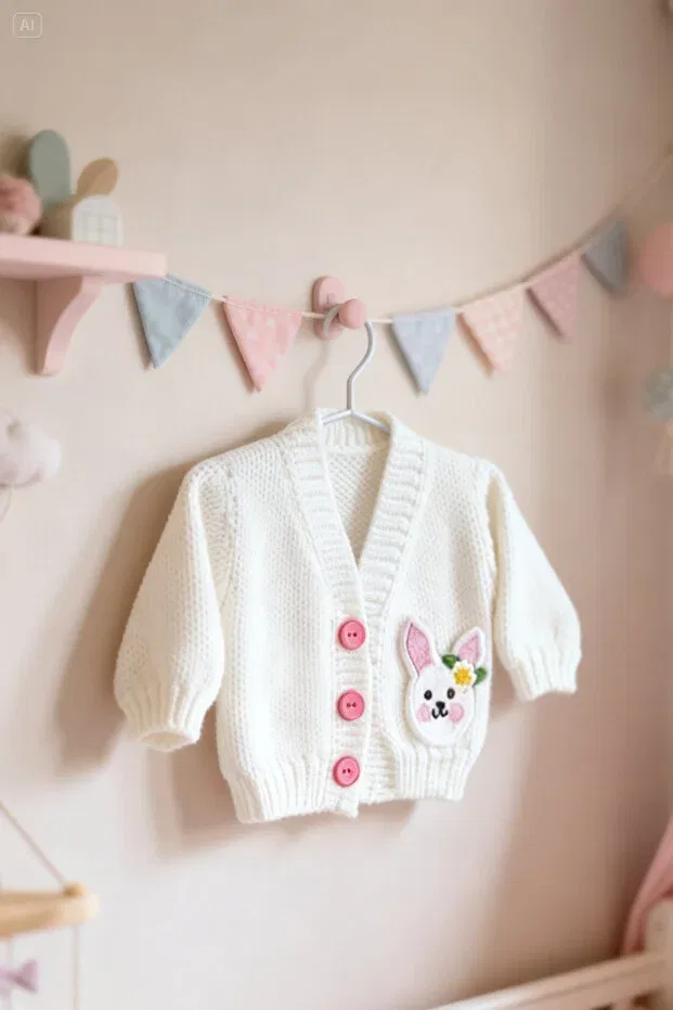 Детский кардиган для девочек вязаный с аппликацией Hand knitted baby cardigan with amigurumi rabbit for newborn baby girl Lunivellart, White — фото 2