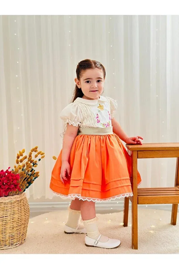Детское платье для девочек кружевное Orange embroidered vintage baby girl dress Hly Karol Tasarım, Orange